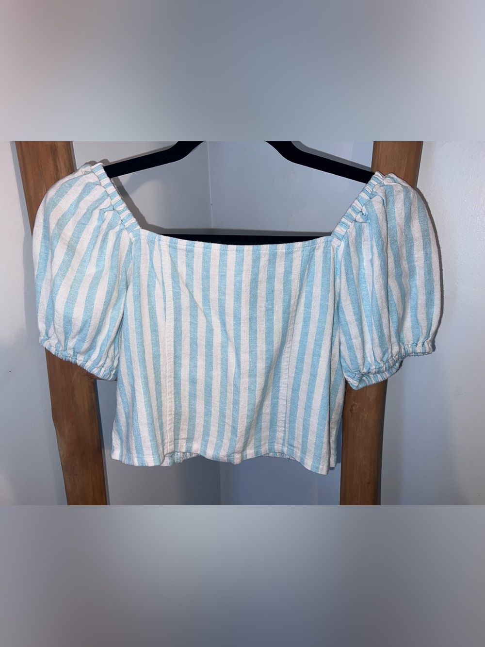 Old Navy Girls Linen Blend Striped Puff Sleeve Crop Top L 10/12